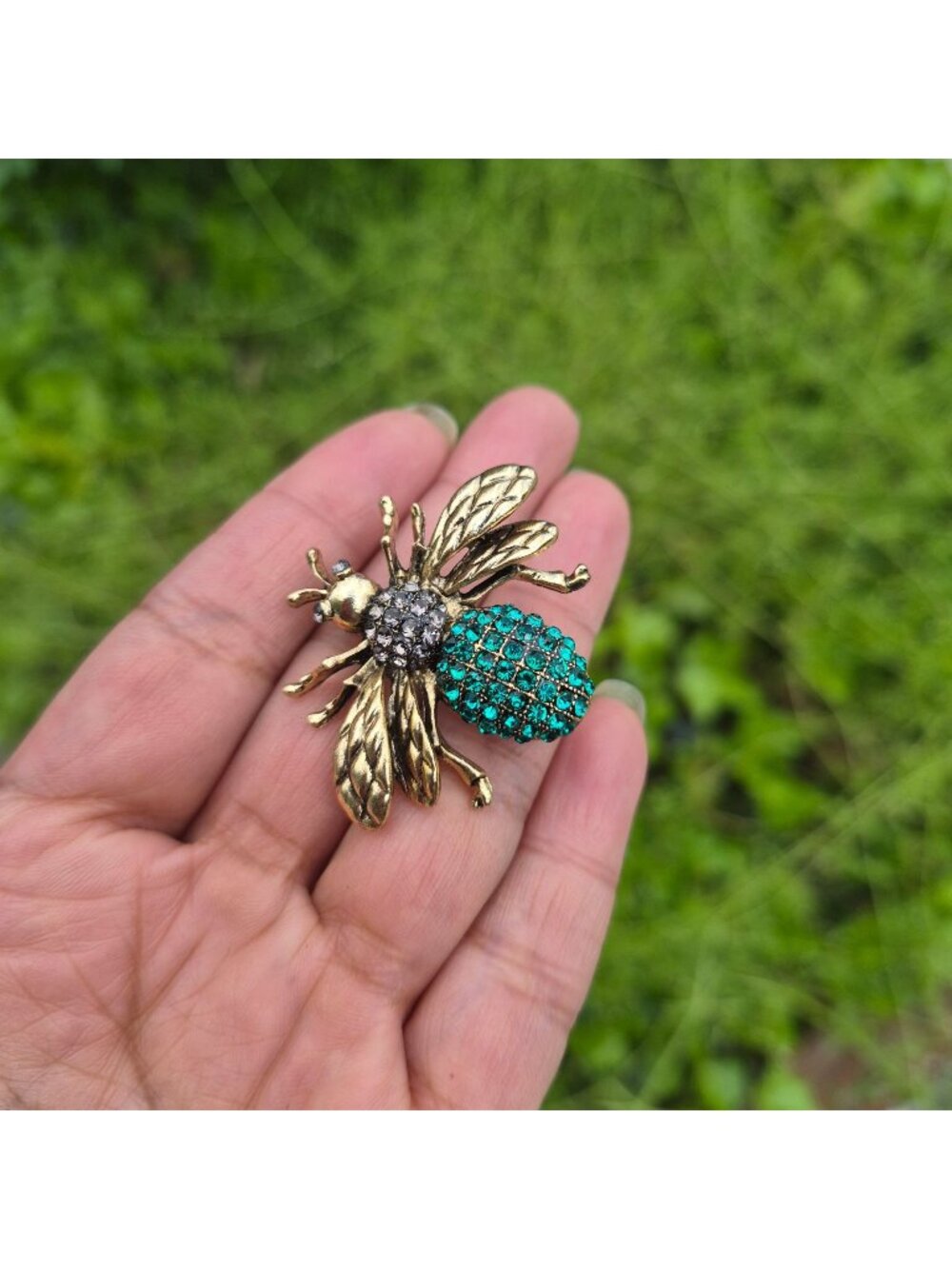 ⭐Bumble Bee Brooch Pin With Green Rhinestones Gold-Tone Metal Insect Jewelry New
